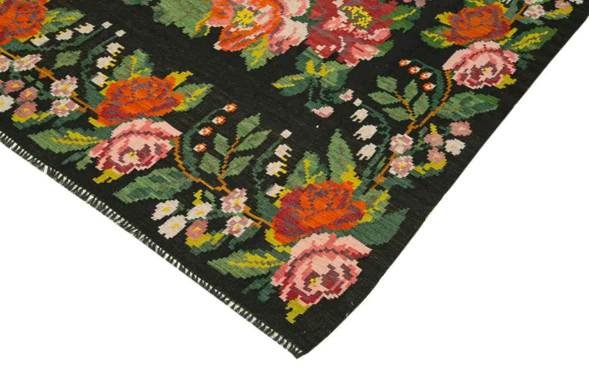 Moldovian Klasik Göbekli Siyah Pamuk Üzerine Yün El Dokuma Kilim-200x403 - Görsel 4