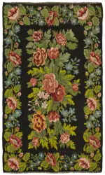 Moldovian Klasik Göbekli Siyah Pamuk Üzerine Yün El Dokuma Kilim-177x302