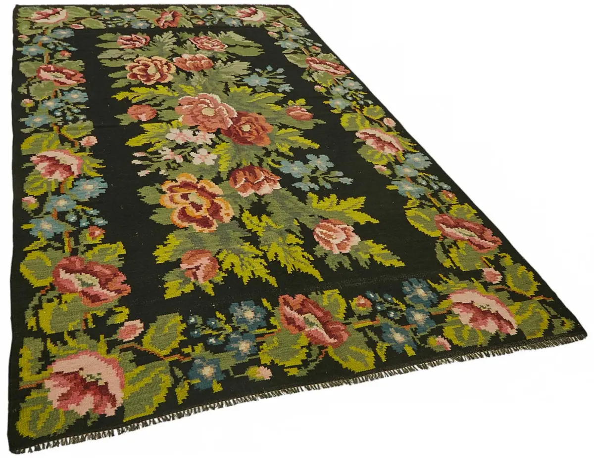 Moldovian Klasik Göbekli Siyah Pamuk Üzerine Yün El Dokuma Kilim-177x302 - Görsel 2
