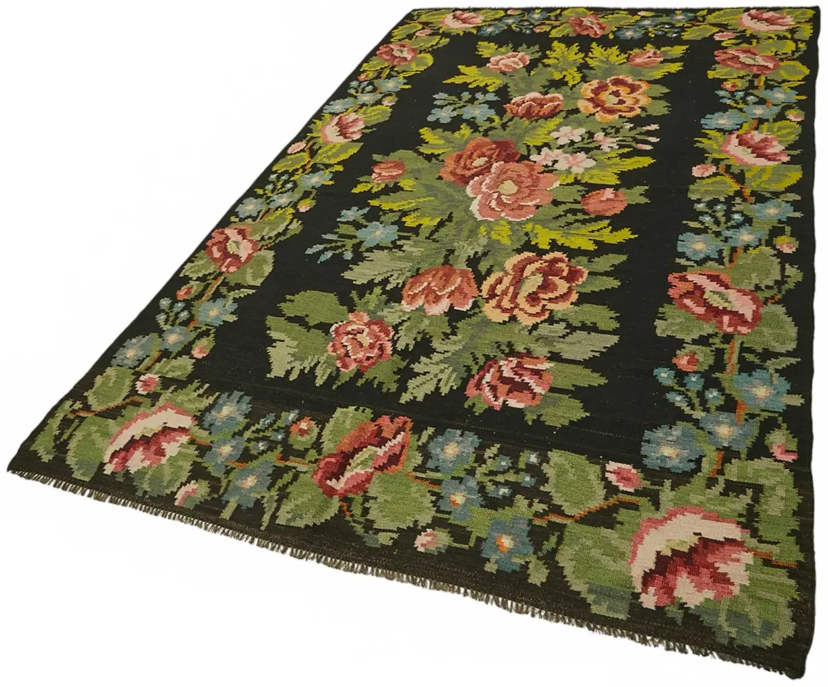Moldovian Klasik Göbekli Siyah Pamuk Üzerine Yün El Dokuma Kilim-177x302 - Görsel 3