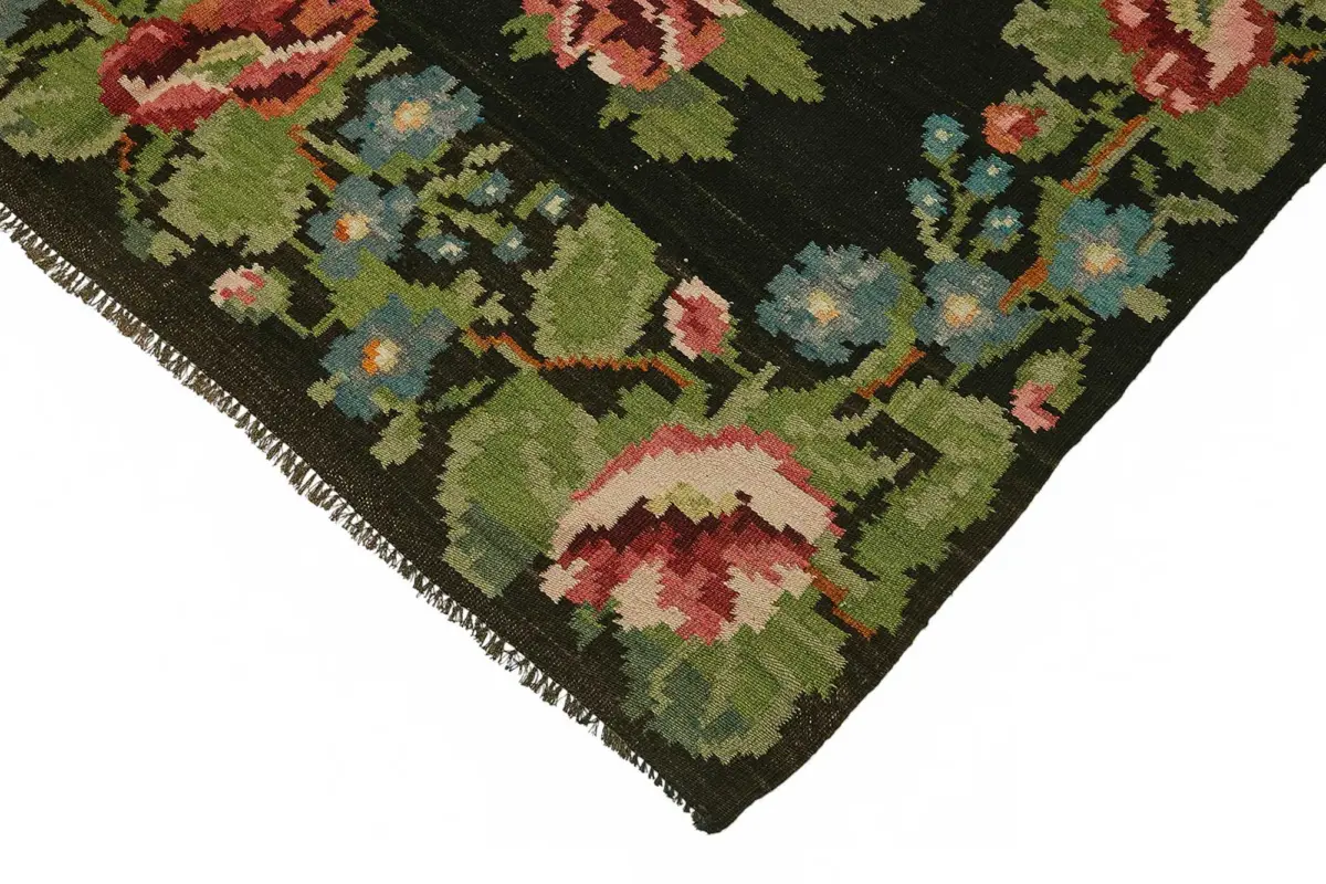 Moldovian Klasik Göbekli Siyah Pamuk Üzerine Yün El Dokuma Kilim-177x302 - Görsel 4