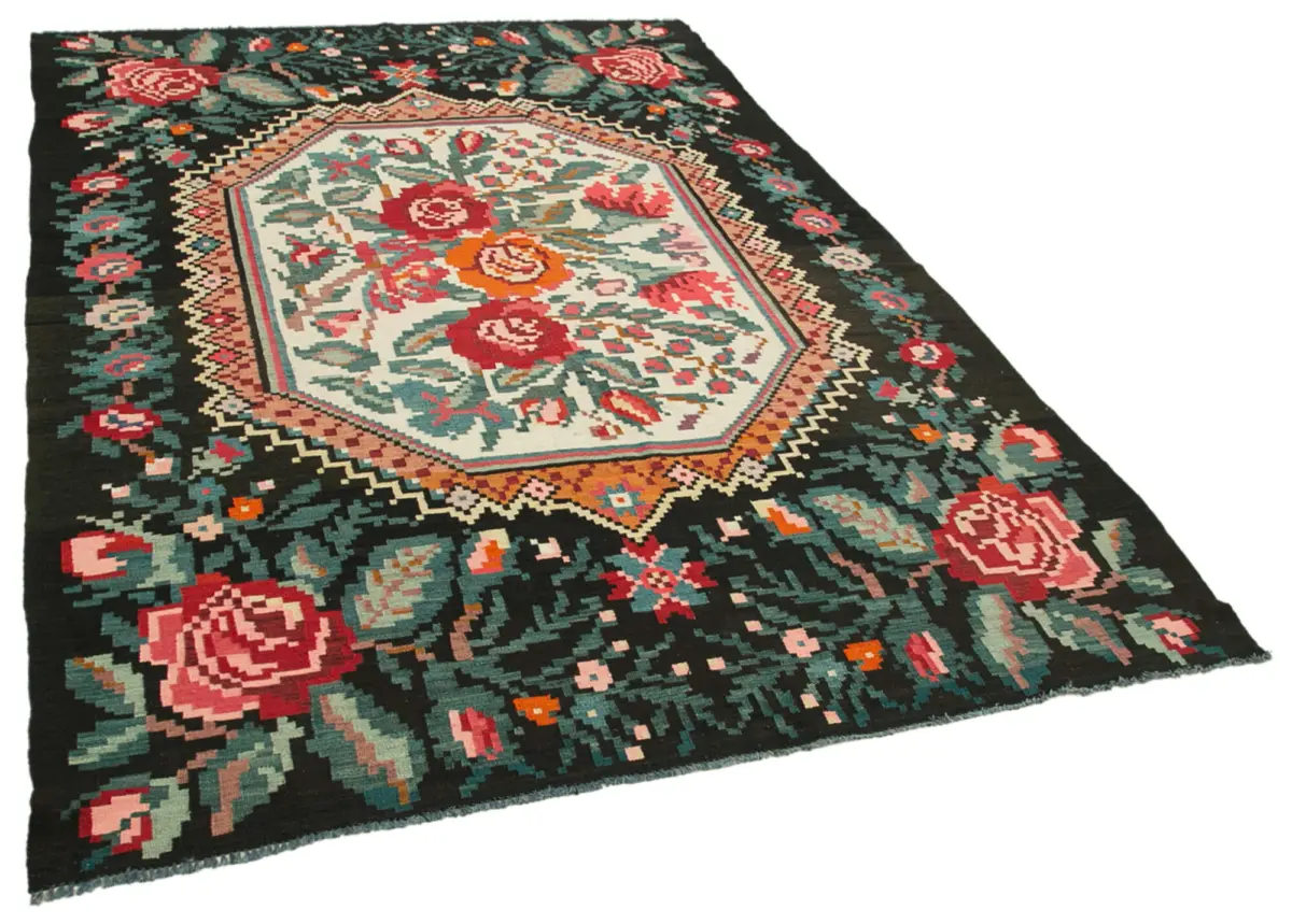 Moldovian Klasik Göbekli Siyah Pamuk Üzerine Yün El Dokuma Kilim-187x278 - Görsel 2