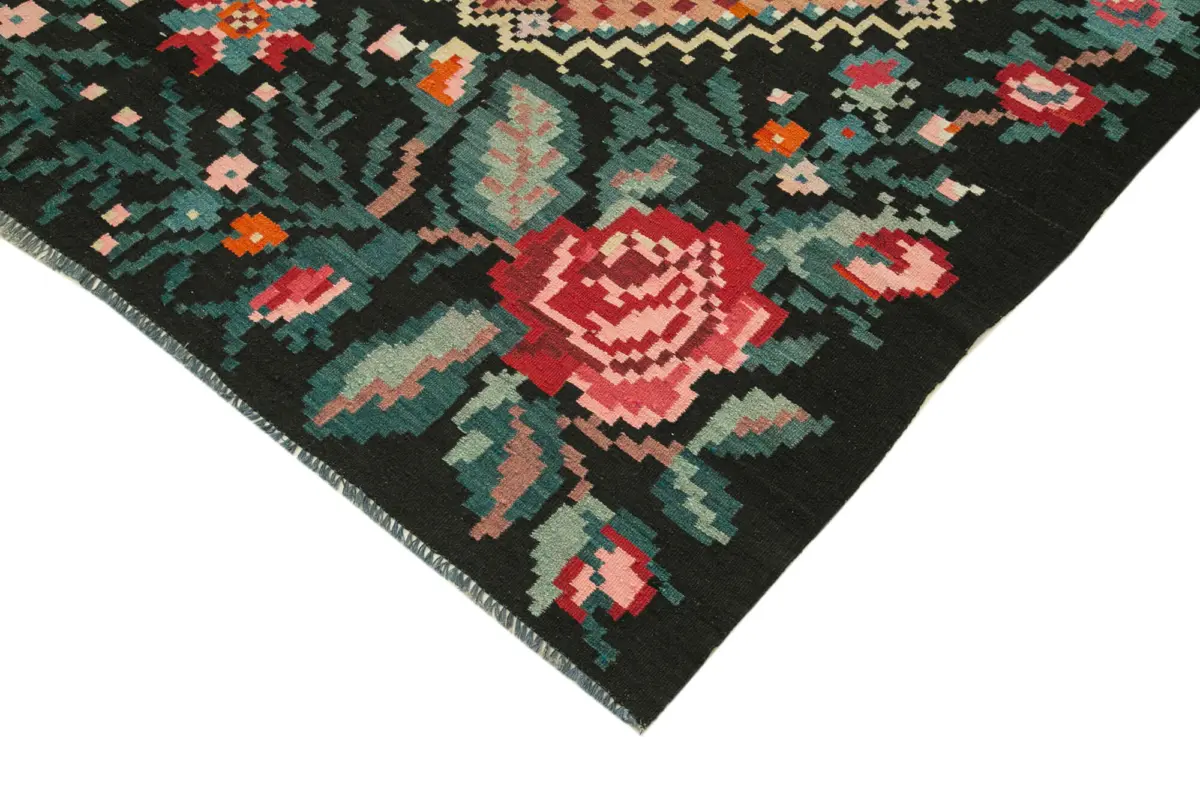Moldovian Klasik Göbekli Siyah Pamuk Üzerine Yün El Dokuma Kilim-187x278 - Görsel 4