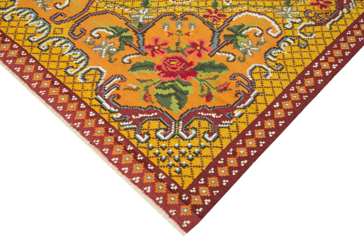 Moldovian Klasik Göbekli Sarı Pamuk Üzerine Yün El Dokuma Kilim-188x292 - Görsel 4