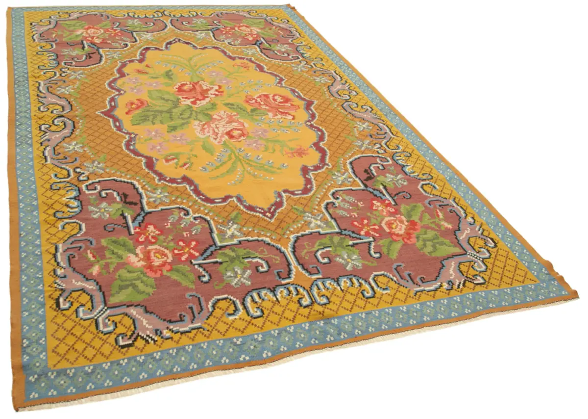 Moldovian Klasik Göbekli Sarı Pamuk Üzerine Yün El Dokuma Kilim-192x310 - Görsel 2