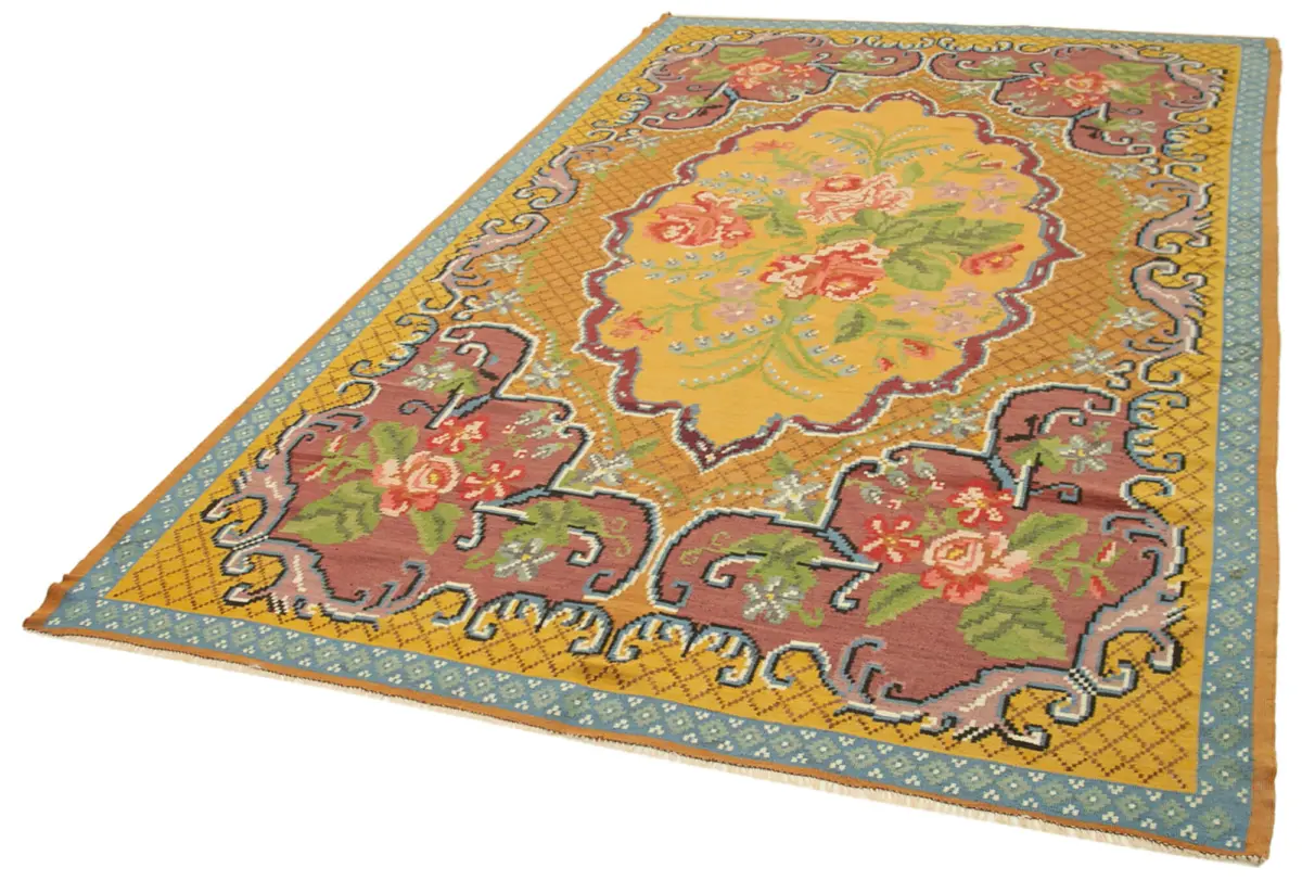 Moldovian Klasik Göbekli Sarı Pamuk Üzerine Yün El Dokuma Kilim-192x310 - Görsel 3