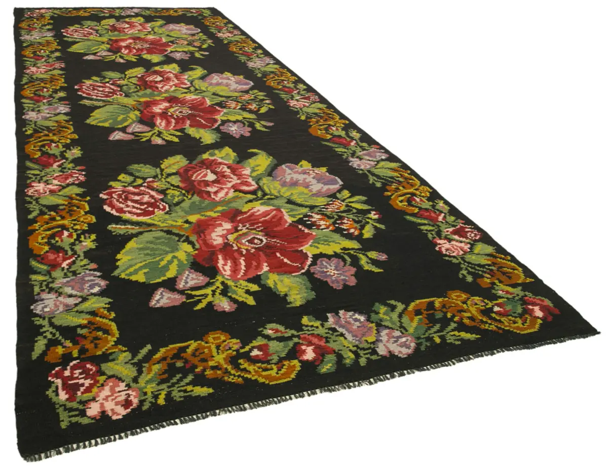 Moldovian Klasik Göbekli Siyah Pamuk Üzerine Yün El Dokuma Kilim-184x530 - Görsel 2