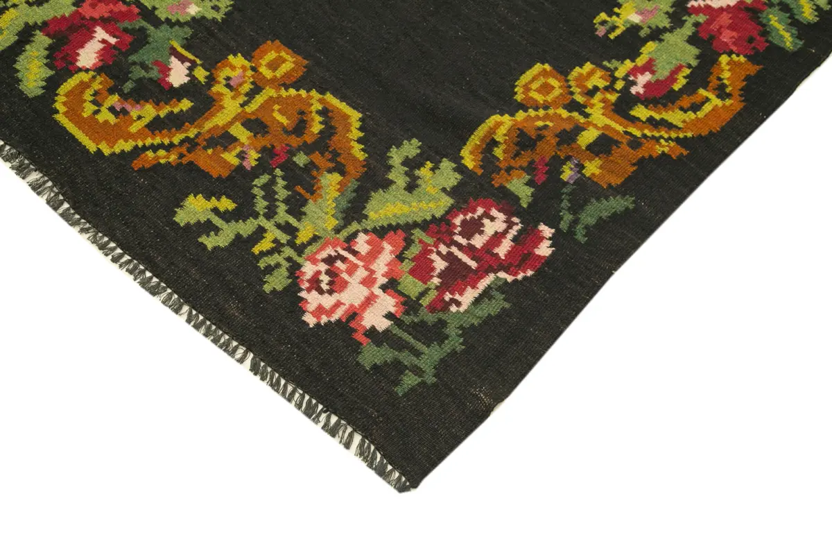 Moldovian Klasik Göbekli Siyah Pamuk Üzerine Yün El Dokuma Kilim-184x530 - Görsel 4