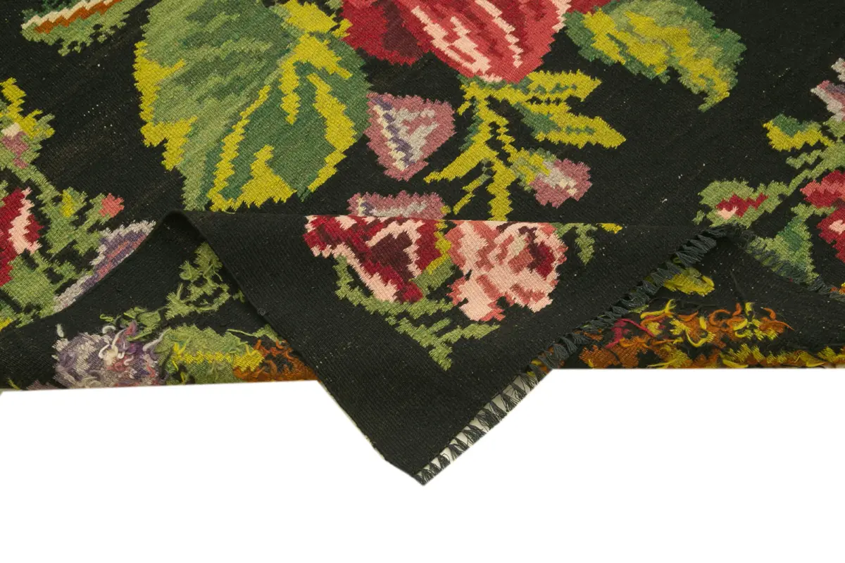 Moldovian Klasik Göbekli Siyah Pamuk Üzerine Yün El Dokuma Kilim-184x530 - Görsel 6