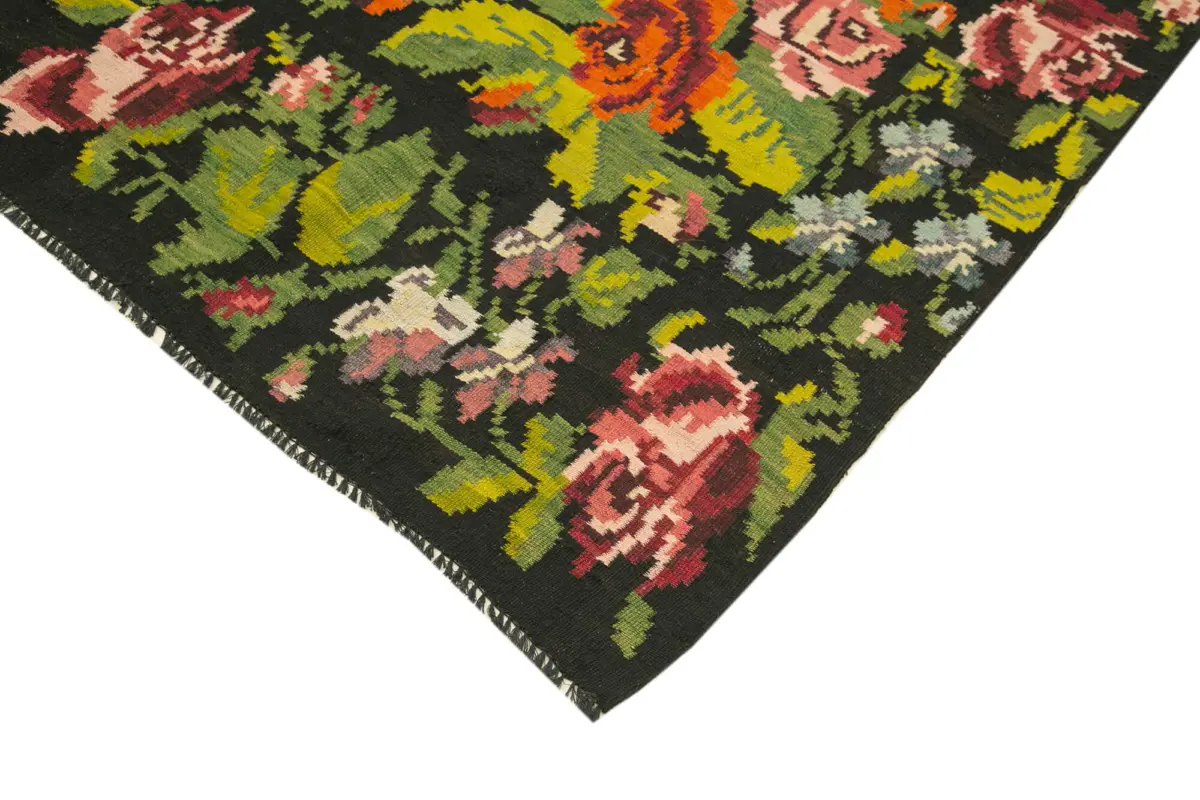 Moldovian Klasik Göbekli Siyah Pamuk Üzerine Yün El Dokuma Kilim-210x513 - Görsel 4