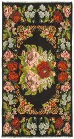 Moldovian Klasik Göbekli Siyah Pamuk Üzerine Yün El Dokuma Kilim-175x320