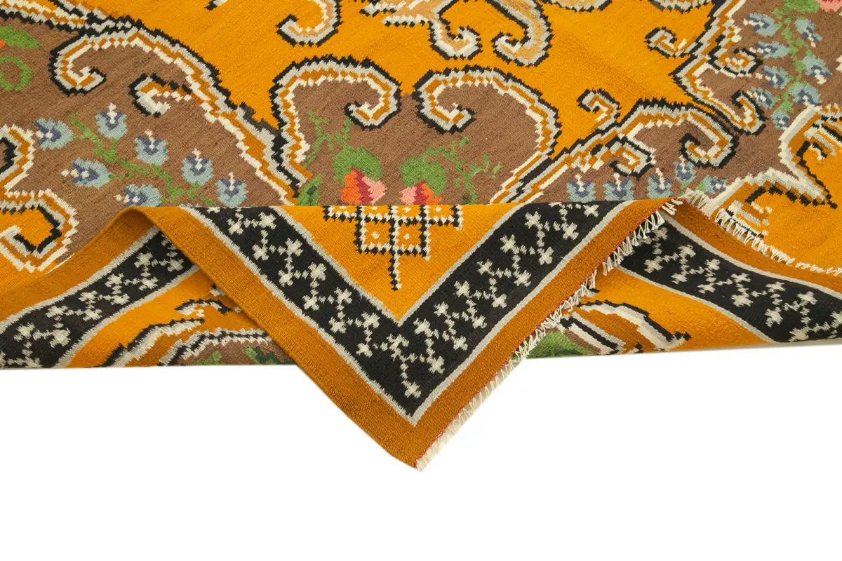 Moldovian Klasik Göbekli Sarı Pamuk Üzerine Yün El Dokuma Kilim-185x270 - Görsel 6