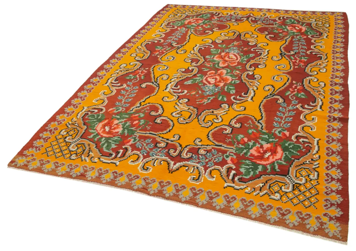 Moldovian Klasik Göbekli Kırmızı Pamuk Üzerine Yün El Dokuma Kilim-192x275 - Görsel 3