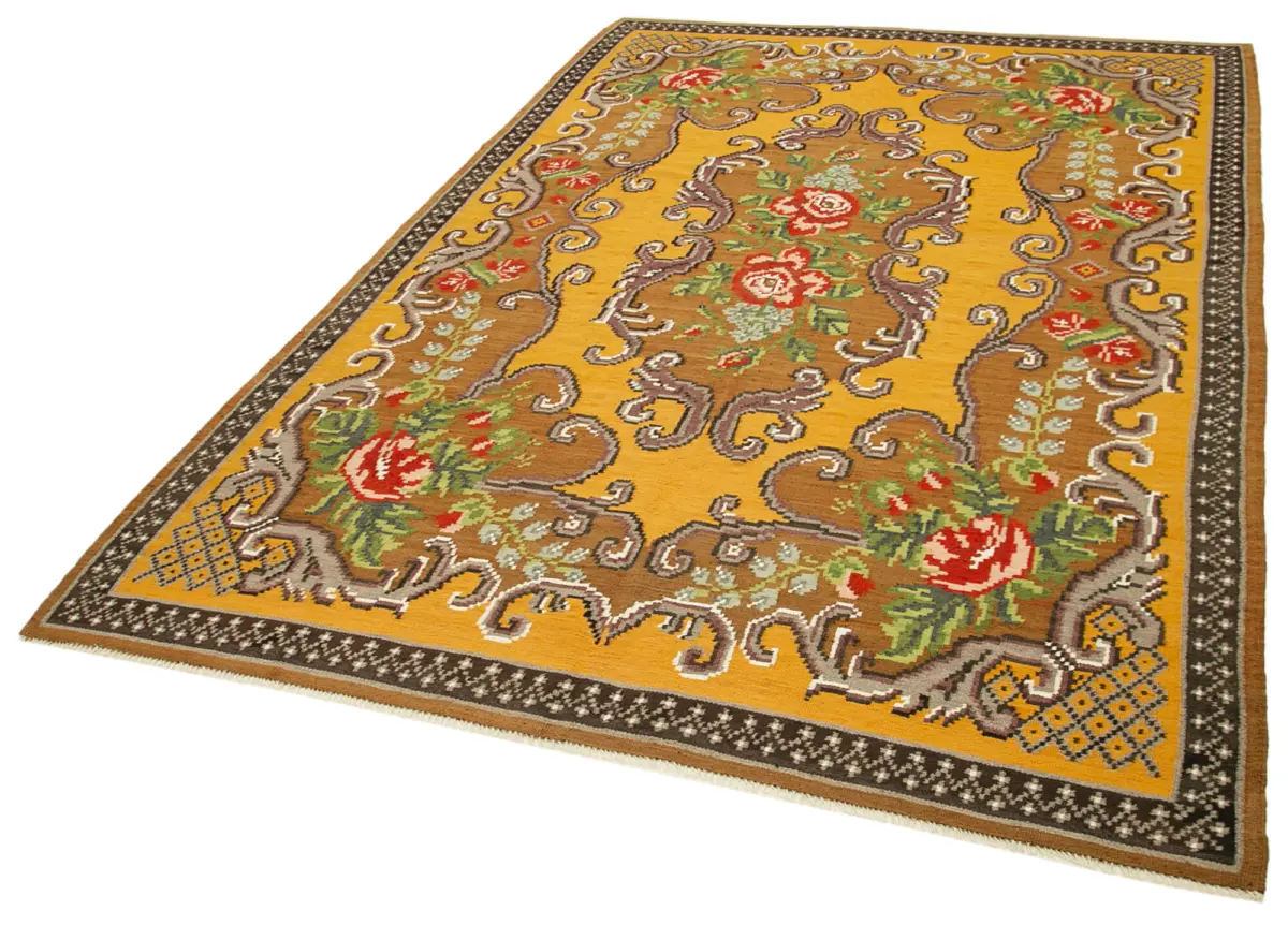 Moldovian Klasik Göbekli Kahverengi Pamuk Üzerine Yün El Dokuma Kilim-183x280 - Görsel 3