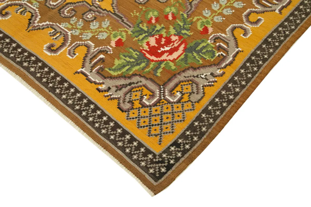 Moldovian Klasik Göbekli Kahverengi Pamuk Üzerine Yün El Dokuma Kilim-183x280 - Görsel 4