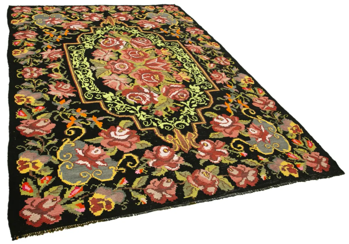 Moldovian Klasik Göbekli Siyah Pamuk Üzerine Yün El Dokuma Kilim-187x289 - Görsel 2