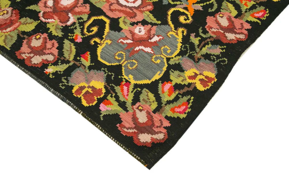Moldovian Klasik Göbekli Siyah Pamuk Üzerine Yün El Dokuma Kilim-187x289 - Görsel 4