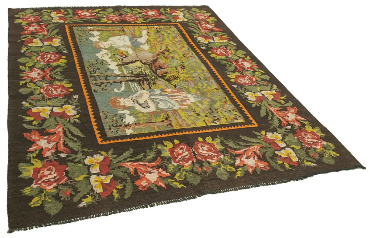 Moldovian Klasik Göbekli Siyah Pamuk Üzerine Yün El Dokuma Kilim-192x240 - Görsel 2