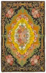 Moldovian Klasik Göbekli Siyah Pamuk Üzerine Yün El Dokuma Kilim-208x330