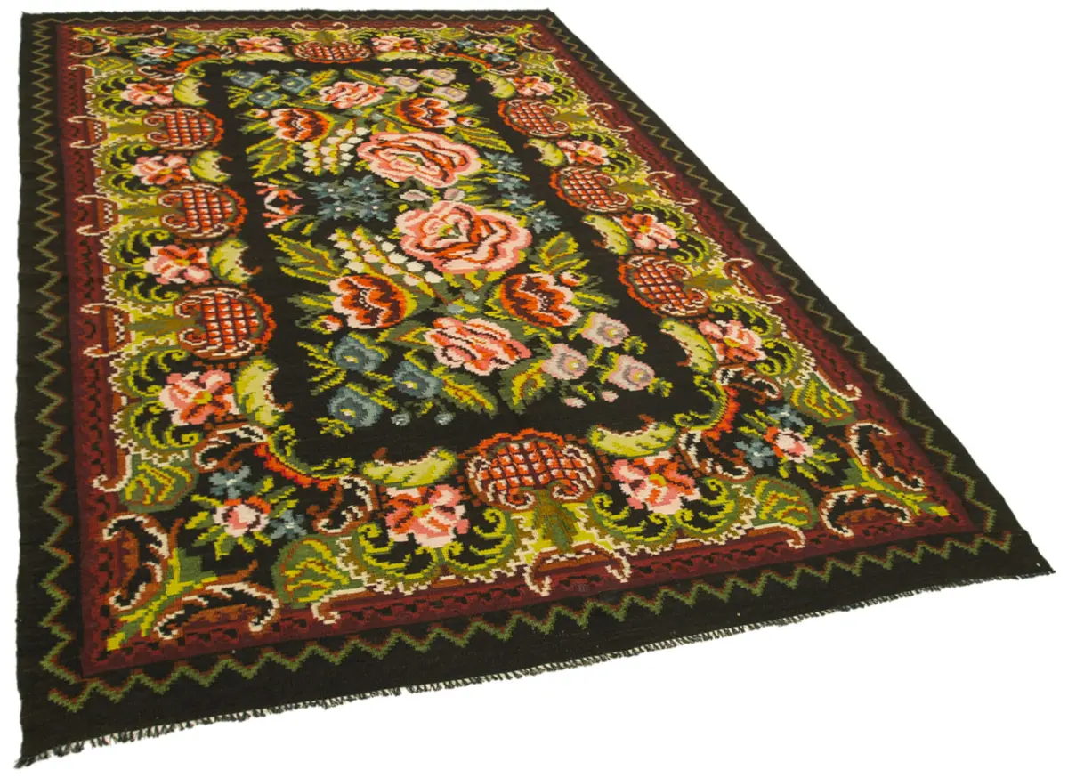 Moldovian Klasik Göbekli Siyah Pamuk Üzerine Yün El Dokuma Kilim-187x302 - Görsel 2