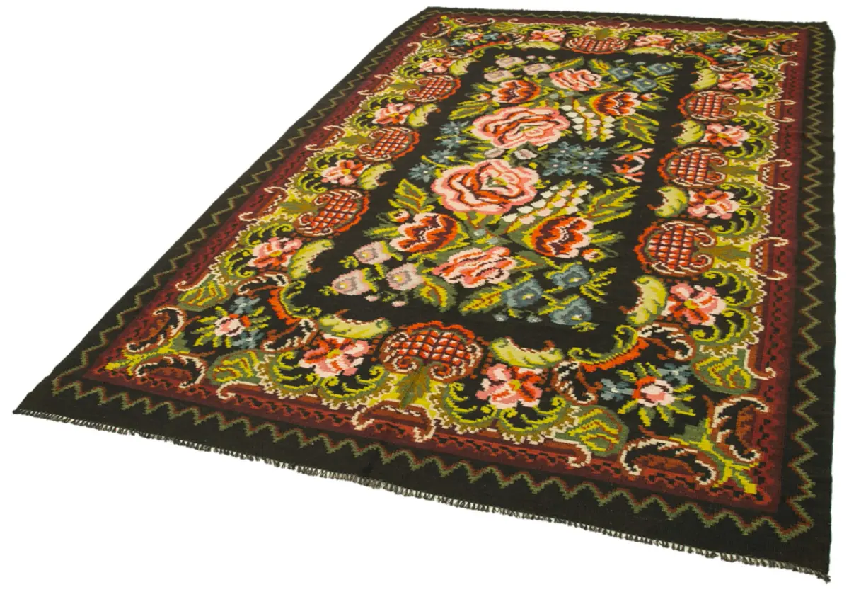 Moldovian Klasik Göbekli Siyah Pamuk Üzerine Yün El Dokuma Kilim-187x302 - Görsel 3