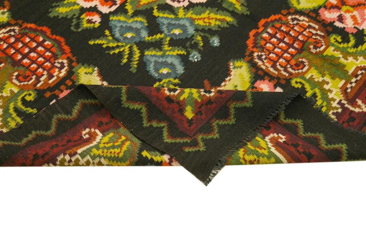 Moldovian Klasik Göbekli Siyah Pamuk Üzerine Yün El Dokuma Kilim-187x302 - Görsel 6