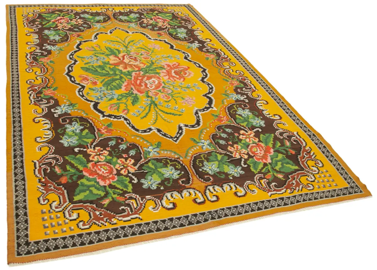 Moldovian Klasik Göbekli Sarı Pamuk Üzerine Yün El Dokuma Kilim-194x297 - Görsel 2