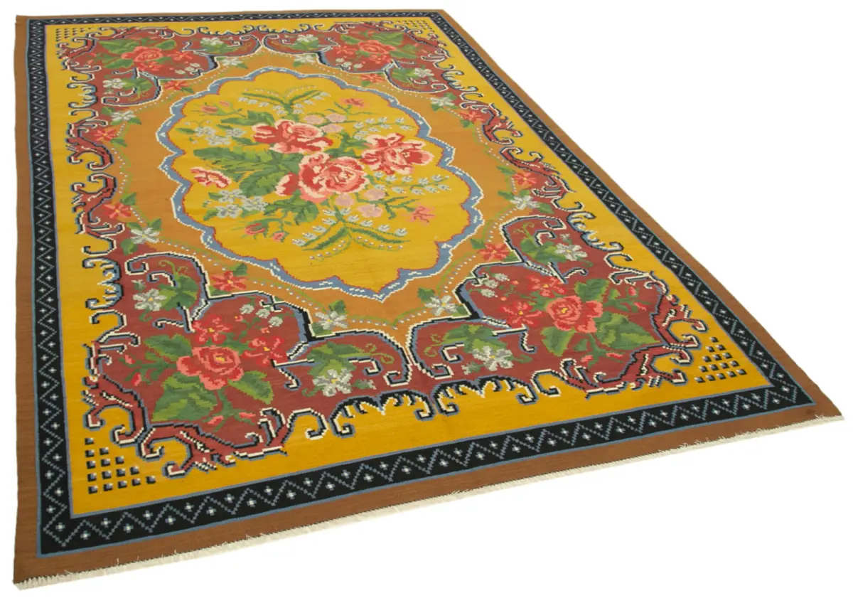 Moldovian Klasik Göbekli Sarı Pamuk Üzerine Yün El Dokuma Kilim-198x295 - Görsel 2