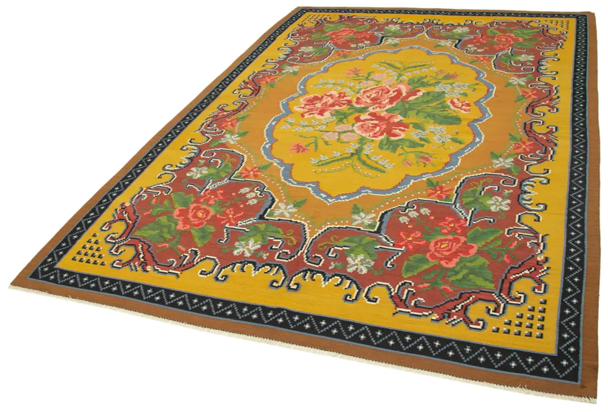 Moldovian Klasik Göbekli Sarı Pamuk Üzerine Yün El Dokuma Kilim-198x295 - Görsel 3