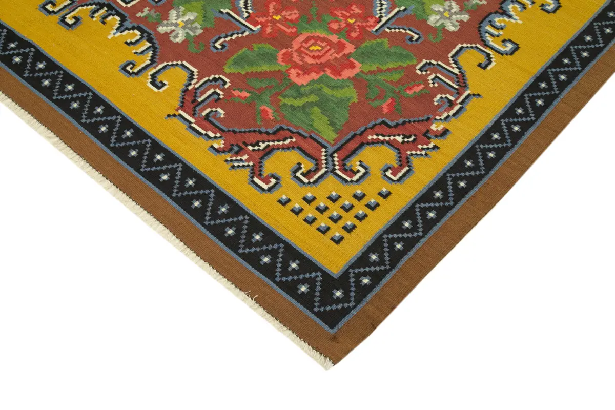 Moldovian Klasik Göbekli Sarı Pamuk Üzerine Yün El Dokuma Kilim-198x295 - Görsel 4