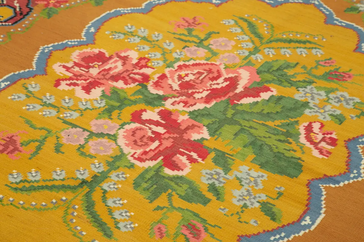 Moldovian Klasik Göbekli Sarı Pamuk Üzerine Yün El Dokuma Kilim-198x295 - Görsel 5