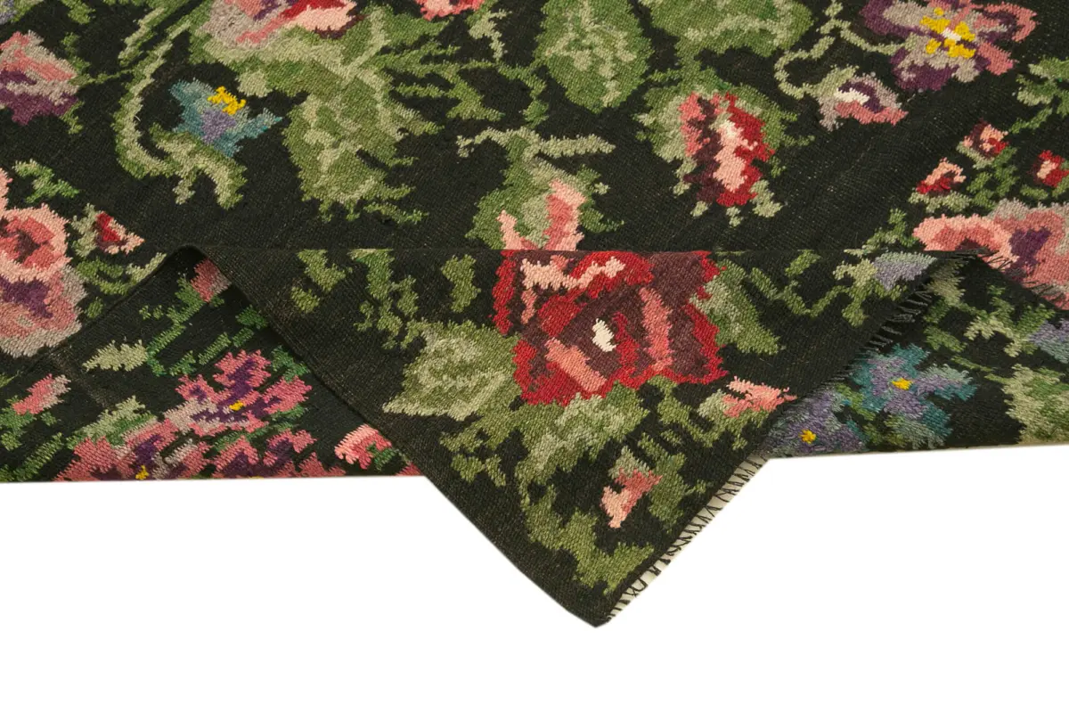 Moldovian Klasik Göbekli Siyah Pamuk Üzerine Yün El Dokuma Kilim-195x470 - Görsel 6