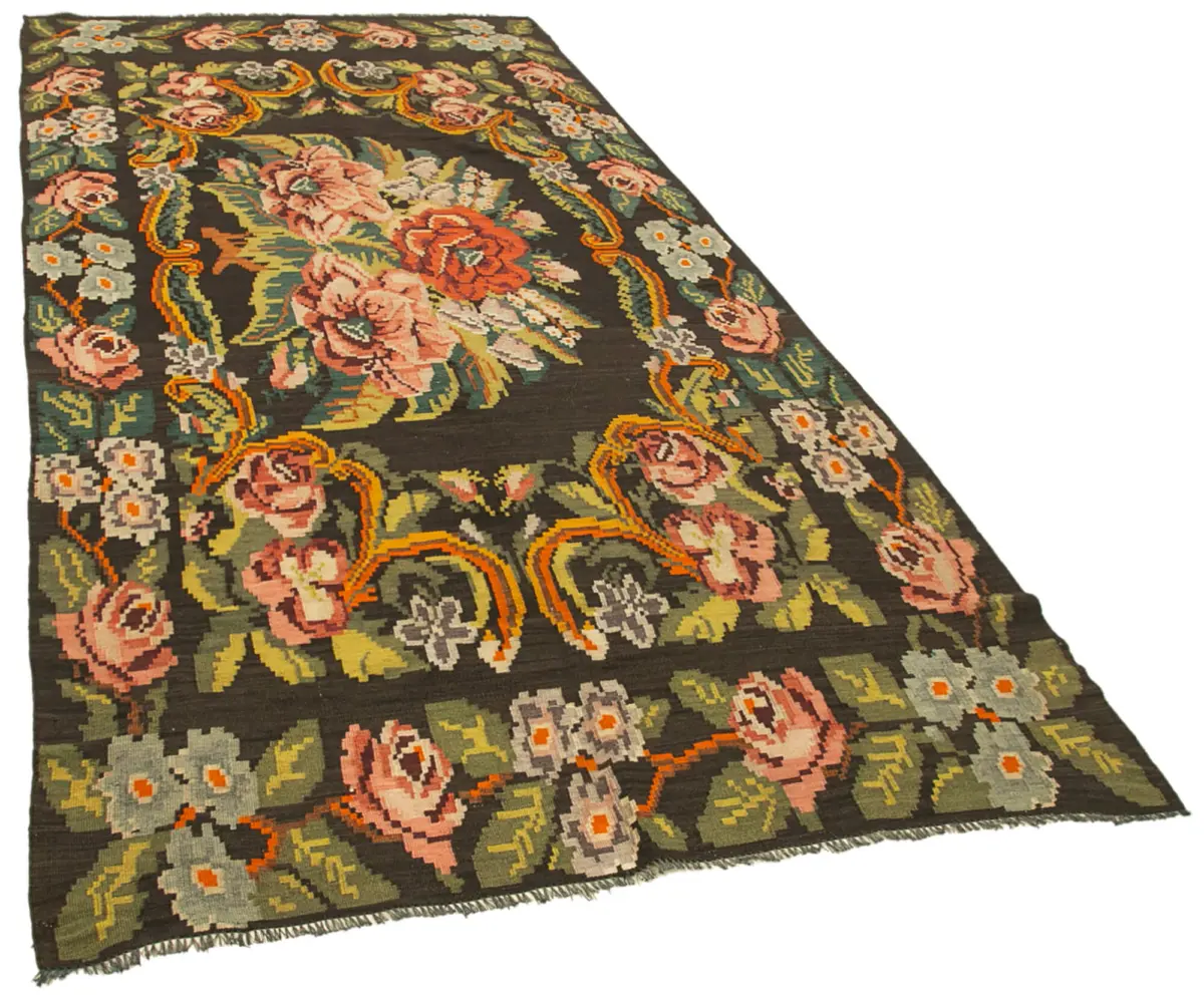 Moldovian Klasik Göbekli Siyah Pamuk Üzerine Yün El Dokuma Kilim-164x368 - Görsel 2