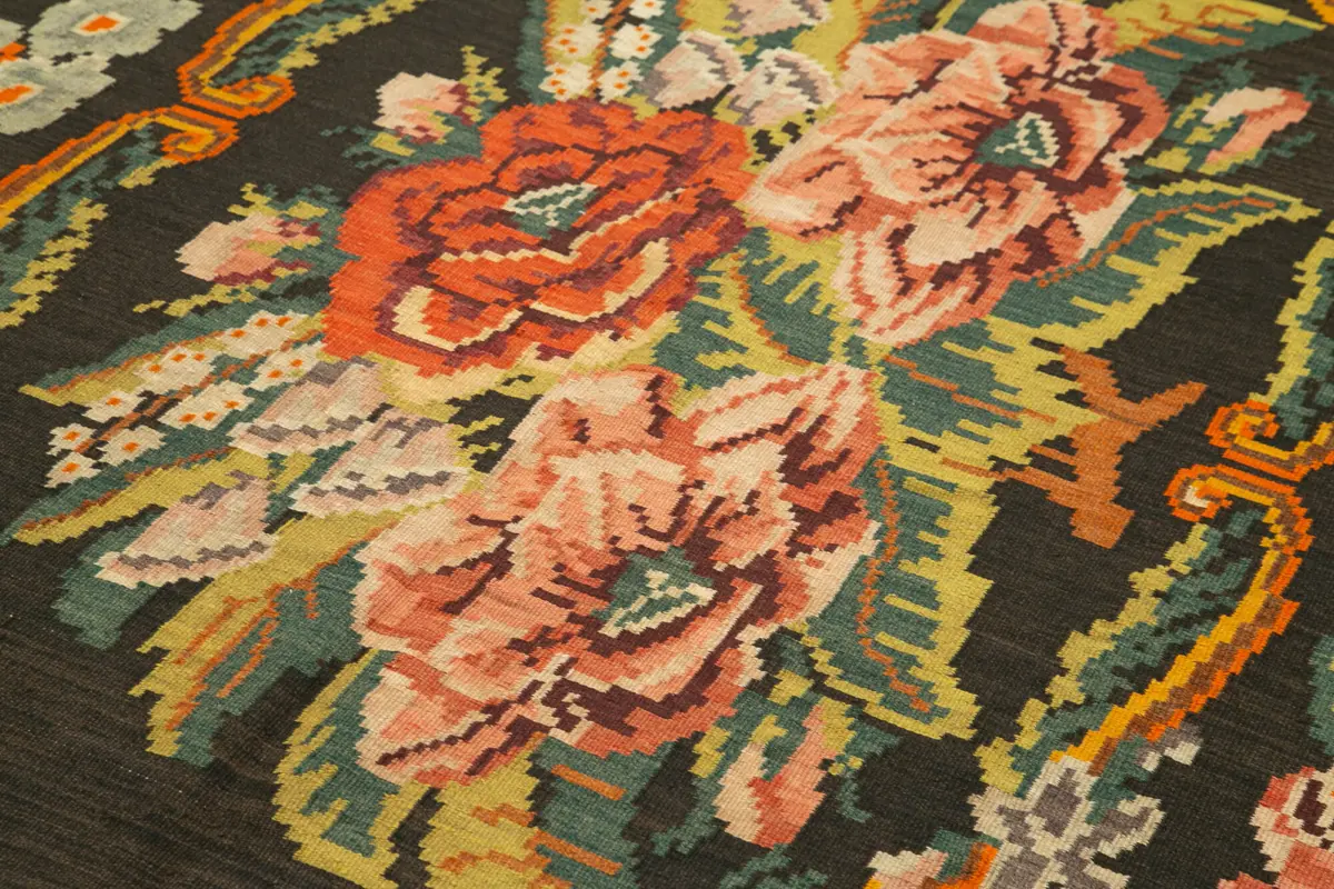 Moldovian Klasik Göbekli Siyah Pamuk Üzerine Yün El Dokuma Kilim-164x368 - Görsel 5