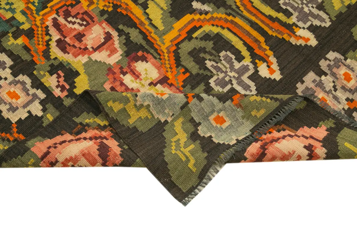 Moldovian Klasik Göbekli Siyah Pamuk Üzerine Yün El Dokuma Kilim-164x368 - Görsel 6