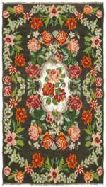 Moldovian Klasik Göbekli Siyah Pamuk Üzerine Yün El Dokuma Kilim-190x330