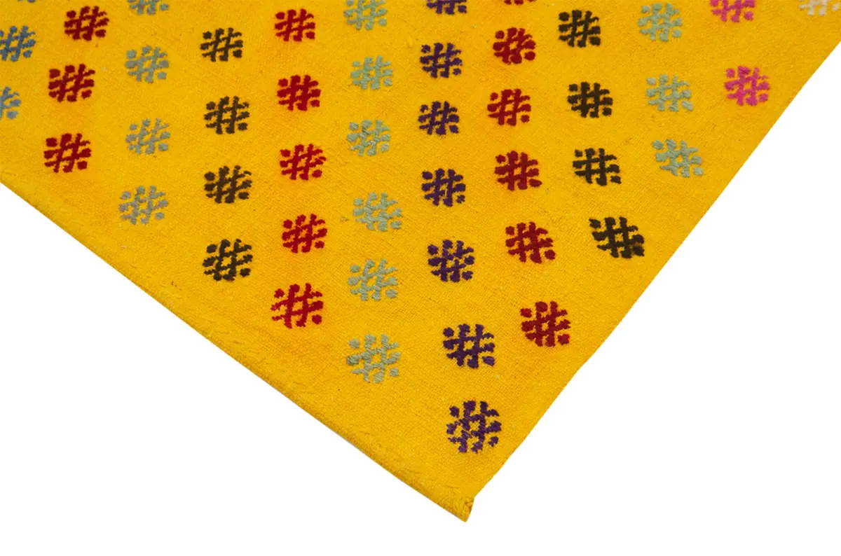Anadolu Eskitme Sarı Pamuk Üzerine Yün El Dokuma Kilim-120x370 - Görsel 4