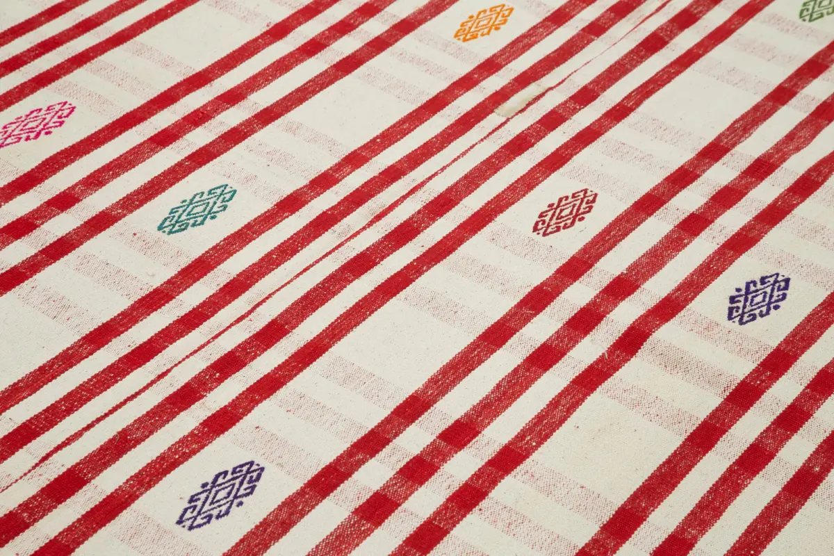 Anadolu Eskitme Kırmızı Pamuk Üzerine Yün El Dokuma Kilim-196x258 - Görsel 5