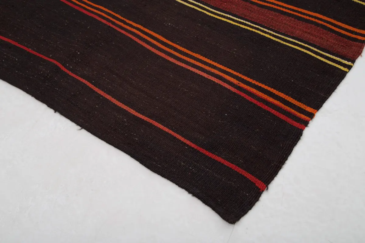 Kıl Çizgili Kahverengi Keçi Kılı İpliğinden El Dokuma Kilim-153x362 - Görsel 4