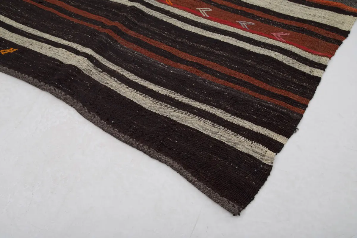 Kıl Çizgili Kahverengi Keçi Kılı İpliğinden El Dokuma Kilim-167x317 - Görsel 4