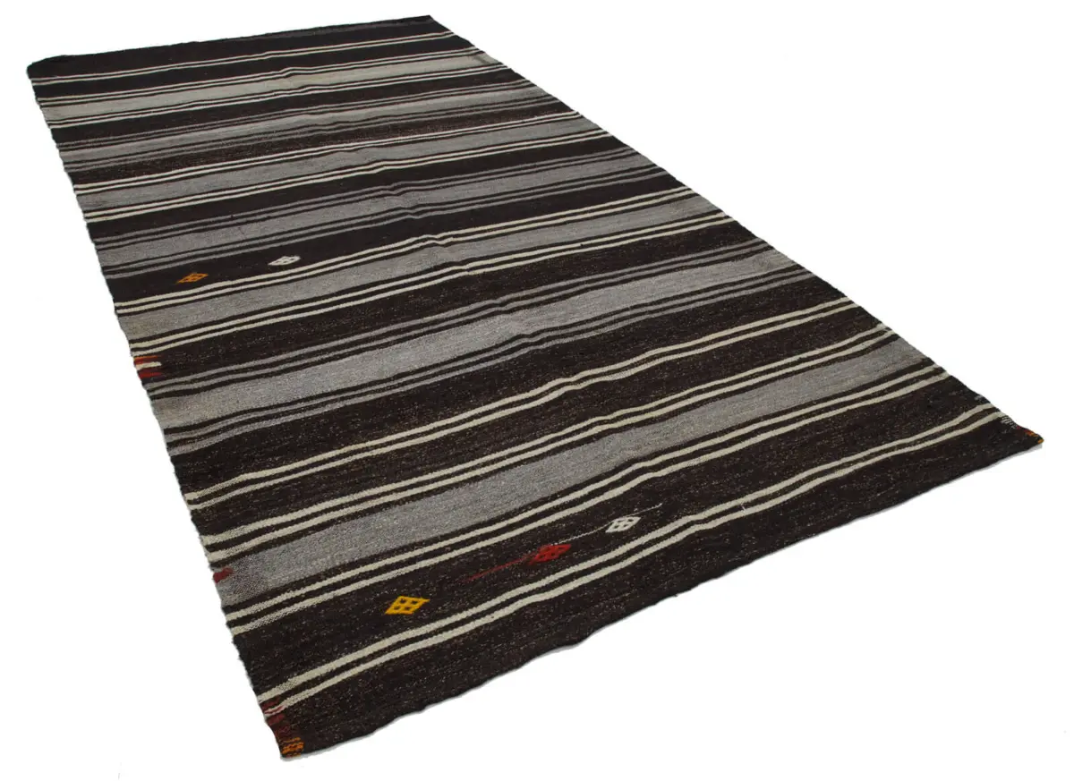 Kıl Çizgili Kahverengi Keçi Kılı İpliğinden El Dokuma Kilim-183x320 - Görsel 3