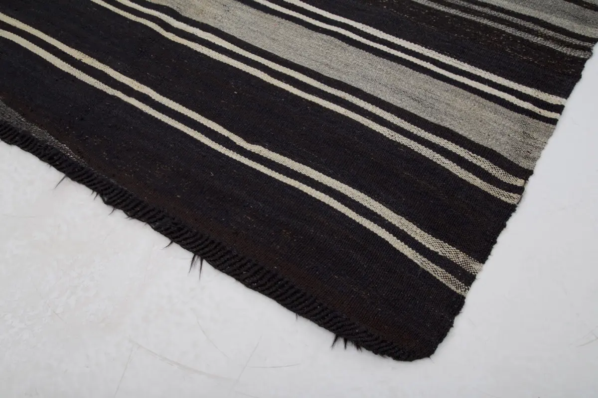 Kıl Çizgili Kahverengi Keçi Kılı İpliğinden El Dokuma Kilim-183x320 - Görsel 4