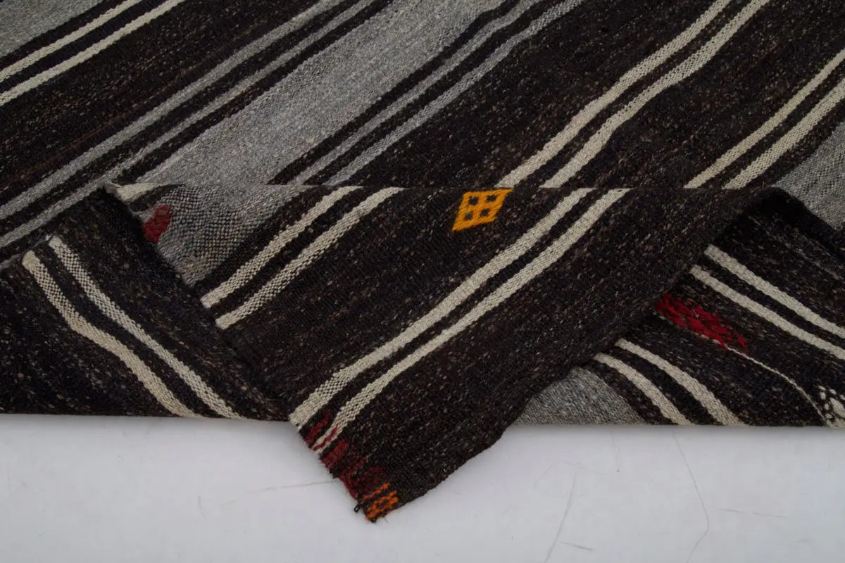 Kıl Çizgili Kahverengi Keçi Kılı İpliğinden El Dokuma Kilim-183x320 - Görsel 5