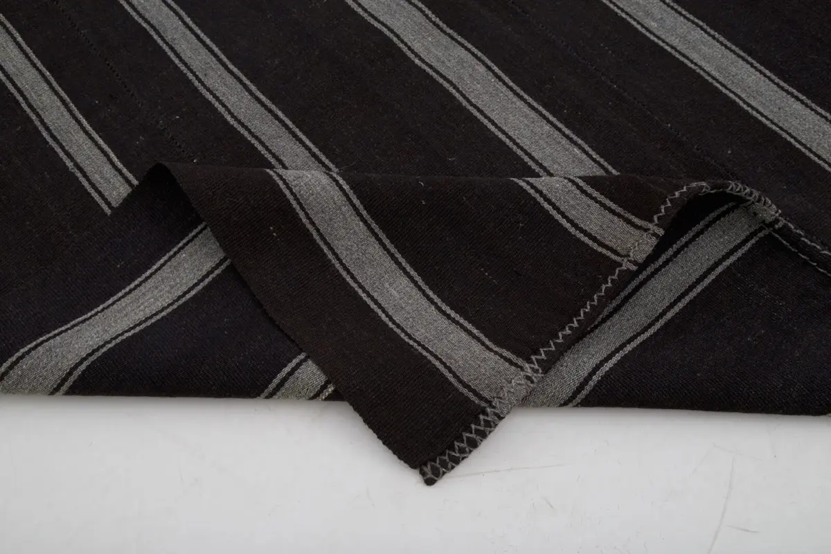 Kıl Çizgili Kahverengi Keçi Kılı İpliğinden El Dokuma Kilim-184x333 - Görsel 5