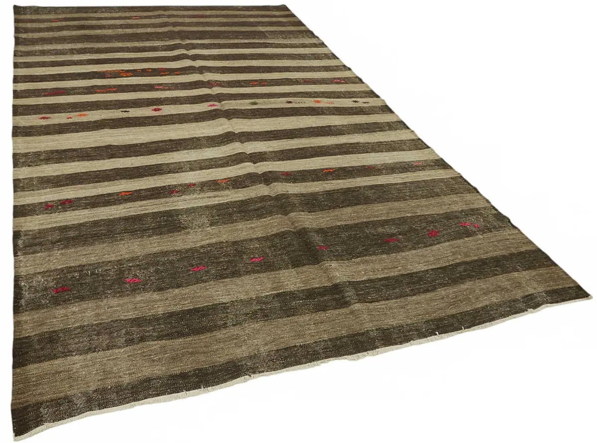 Kıl Çizgili Kahverengi Keçi Kılı İpliğinden El Dokuma Kilim-216x370 - Görsel 2