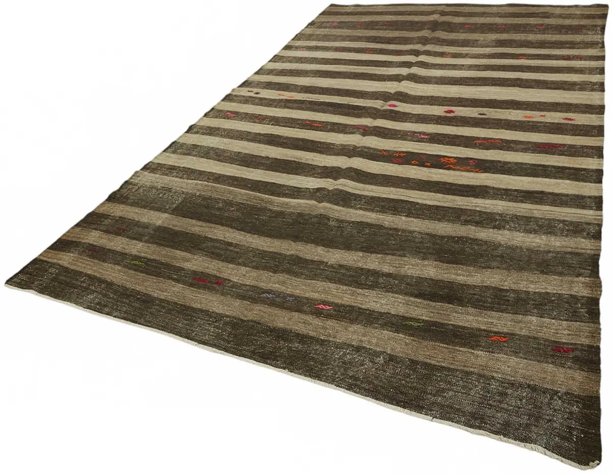 Kıl Çizgili Kahverengi Keçi Kılı İpliğinden El Dokuma Kilim-216x370 - Görsel 3