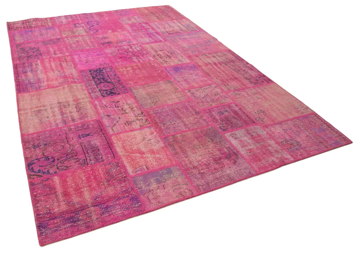 Patchwork Pembe Pamuk Üzerine Yün El Dokuma Kilim-202x298 - Görsel 2