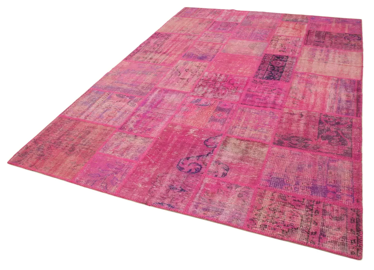 Patchwork Pembe Pamuk Üzerine Yün El Dokuma Kilim-202x298 - Görsel 3
