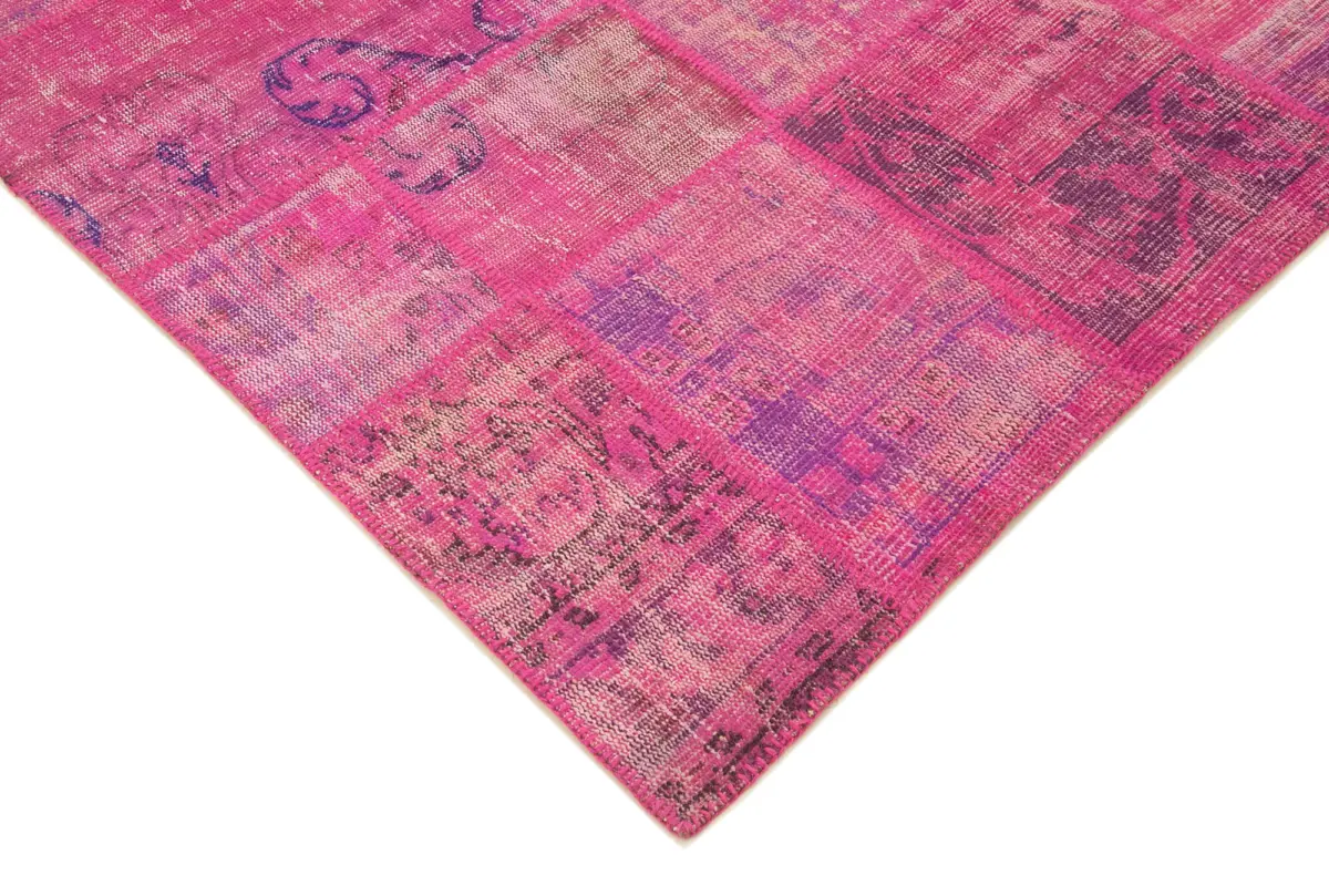 Patchwork Pembe Pamuk Üzerine Yün El Dokuma Kilim-202x298 - Görsel 4