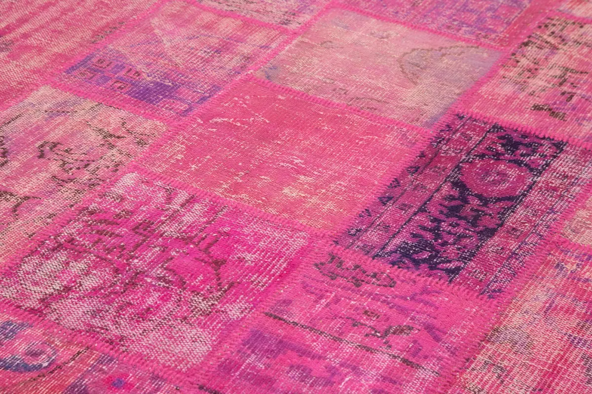 Patchwork Pembe Pamuk Üzerine Yün El Dokuma Kilim-202x298 - Görsel 5